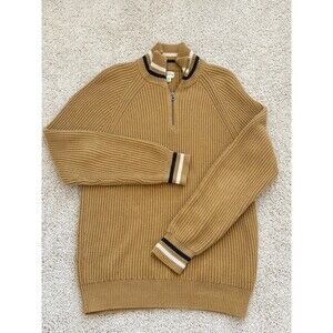 J. CREW Heritage Cotton Half-Zip Ribbed Men’s M Mustard Brown Navy Trim Sweater